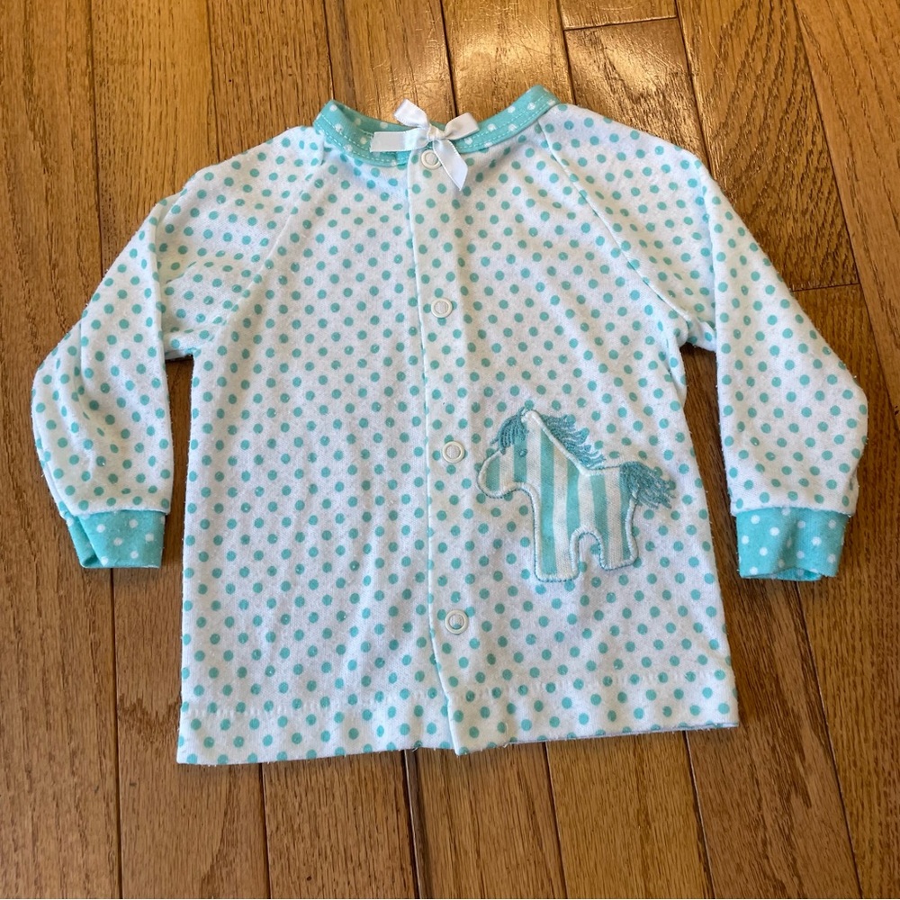 VINTAGE TEDDY BEARS GREEN WHITE POLKA DOT ZEBRA ACCENT TOP SIZE 6 MONTHS